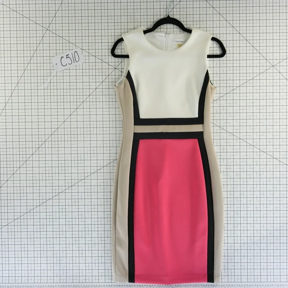 Calvin Klein Dress Women's Size 6 Colorblock Sheath Pink White Tan‎ Black Y2K